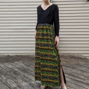 Vintage 60's 70's Geometric Print Maxi Long Sleeve Dress